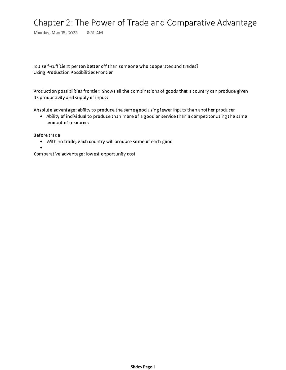 Chapter 2 The Power of Trade and Comparative Advantage - Is a self ...