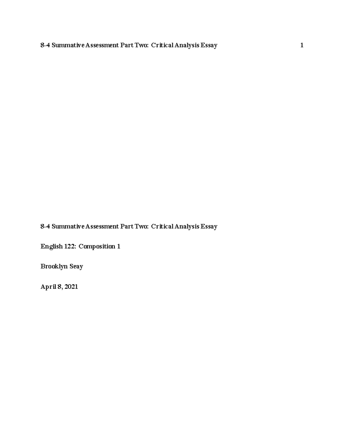 5-4 First draft of critical analysis essay - 8-4 Summative Assessment ...