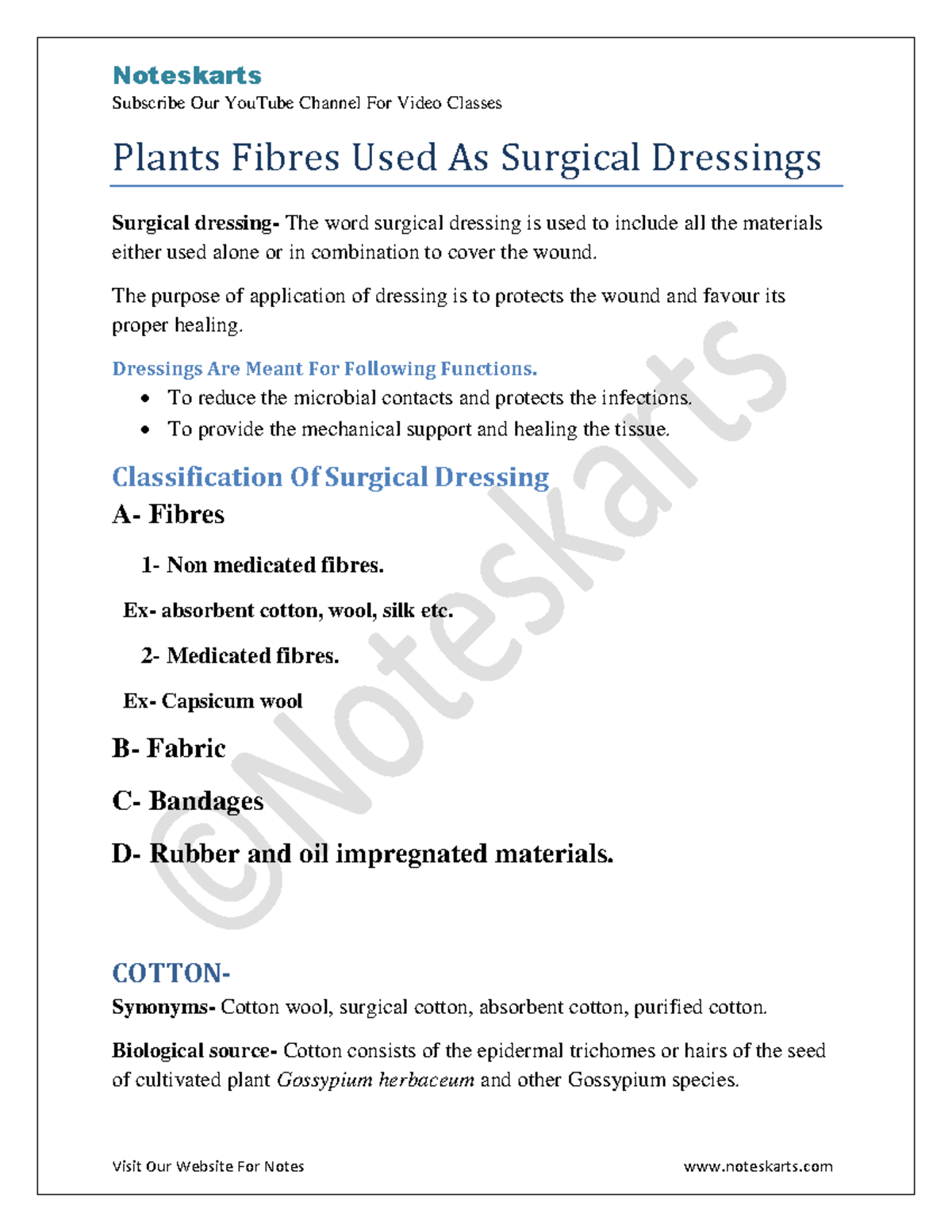 Chapter 6 Pharmacognosy Plants Fibres USED AS Surgical Dressings