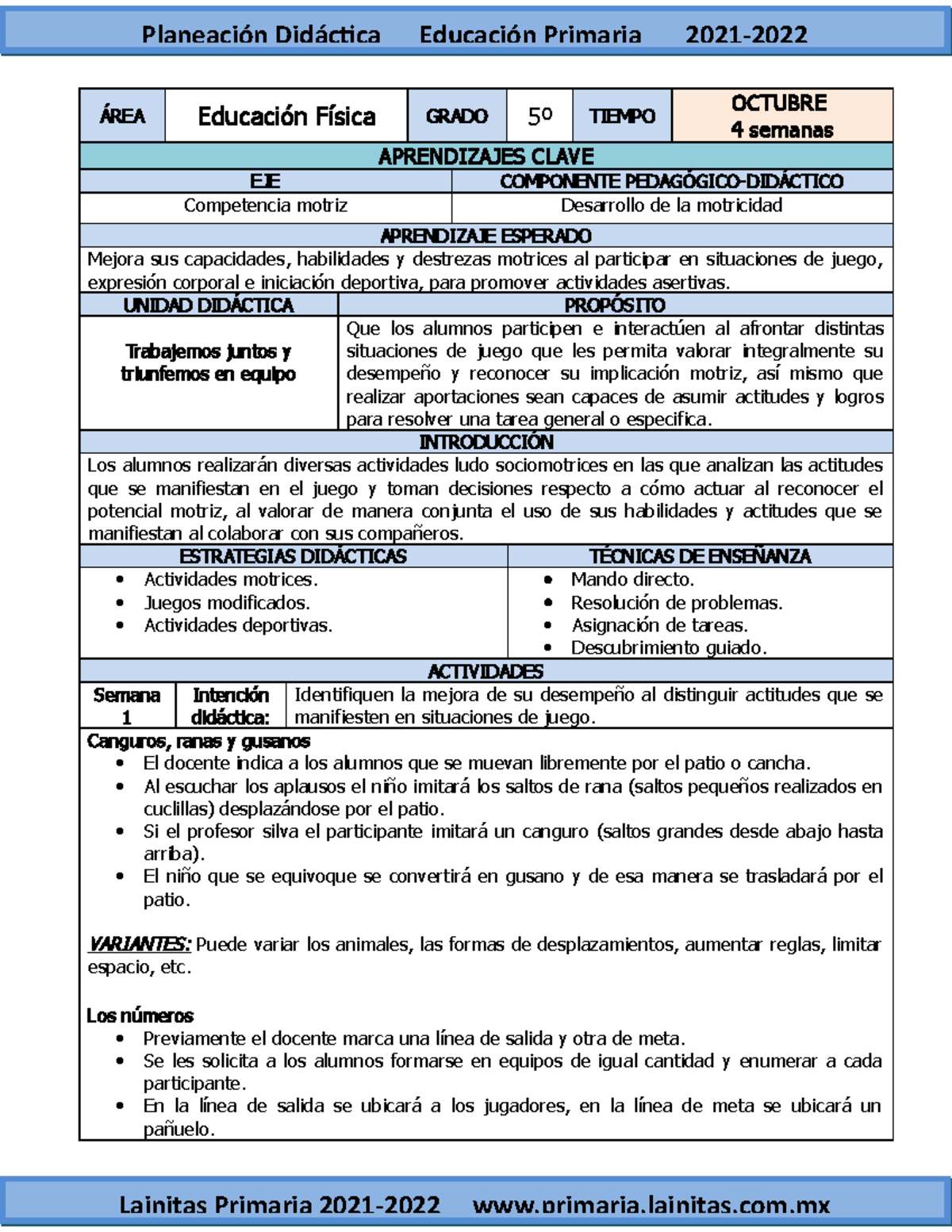 Octubre 5to Grado Educación Física (20212022) ÁREA Educación