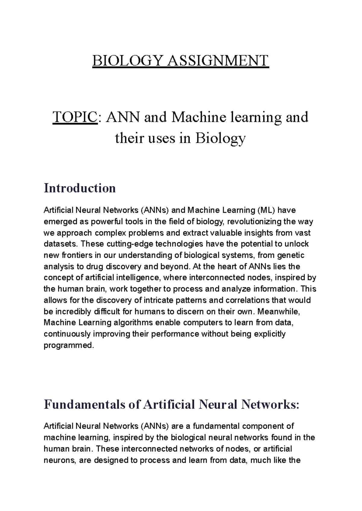 Biology Assignment2 - BIOLOGY ASSIGNMENT TOPIC: ANN and Machine ...