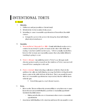 Sample Battery Outline - Torts Outline Intentional Torts A. Assault B ...