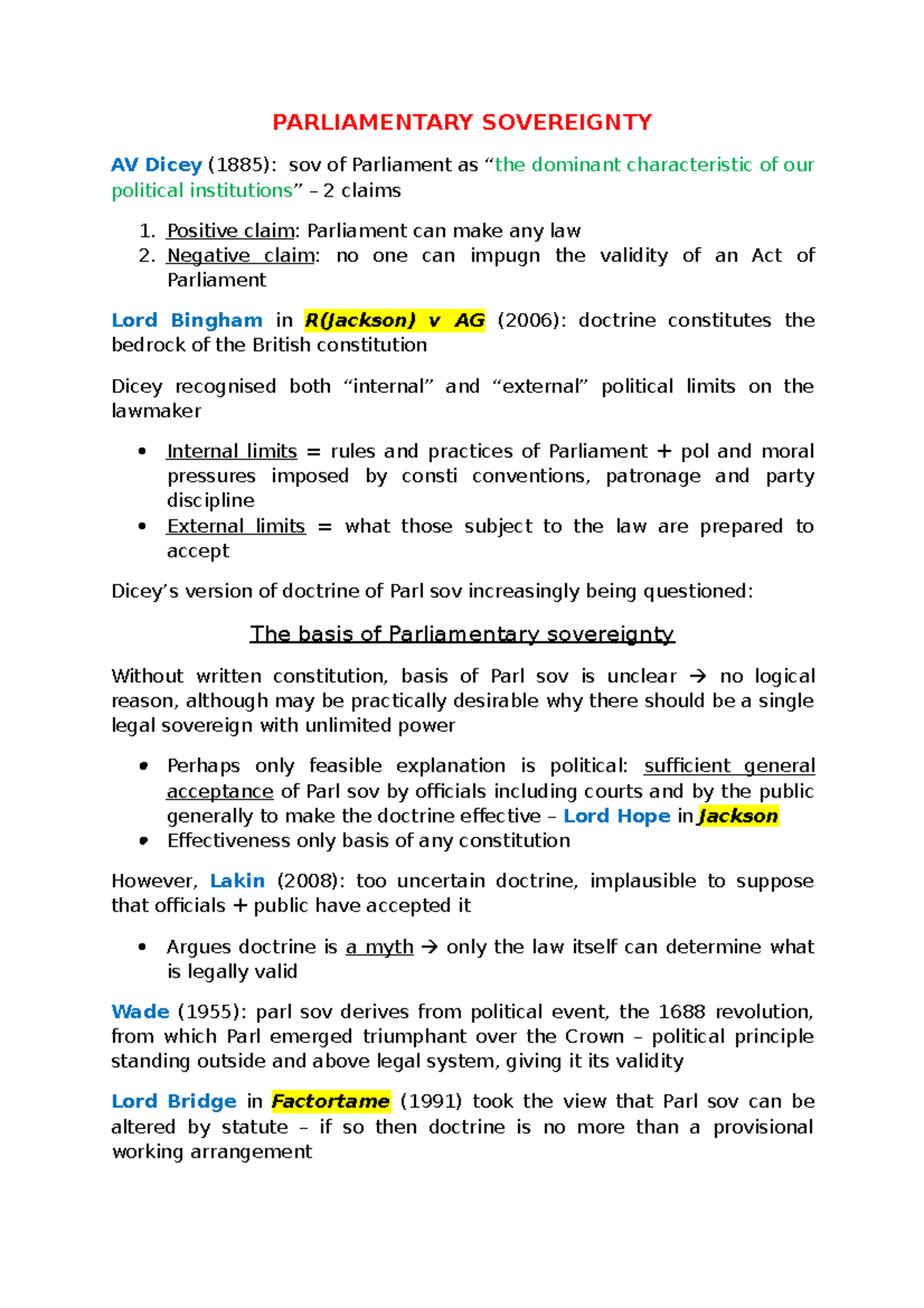 Parliamentary Sovereignty PARLIAMENTARY SOVEREIGNTY AV Dicey (1885