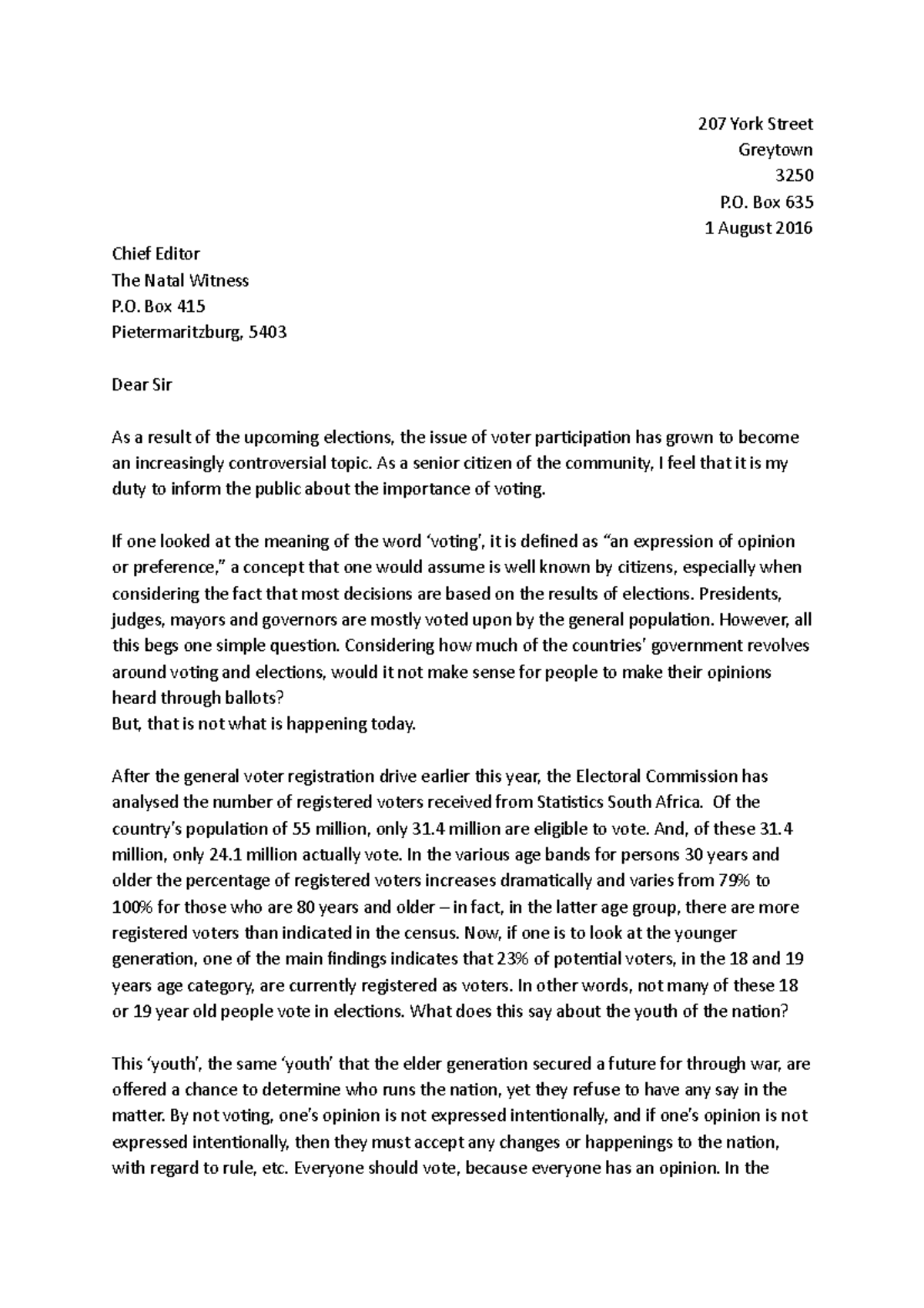 Letter on the Importance of voting - 207 York Street Greytown 3250 P ...