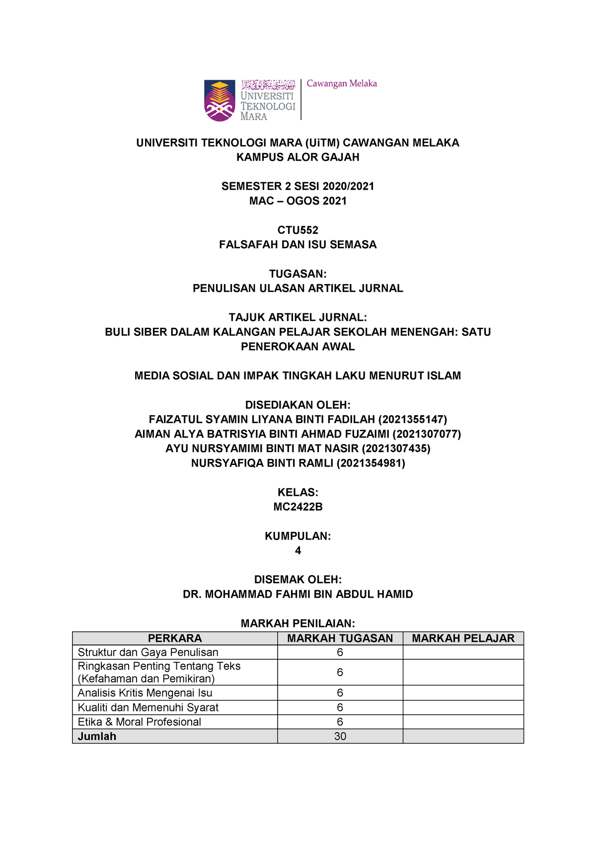 Ulasan Artikel CTU554 - Values and Civilization II - UiTM - StuDocu