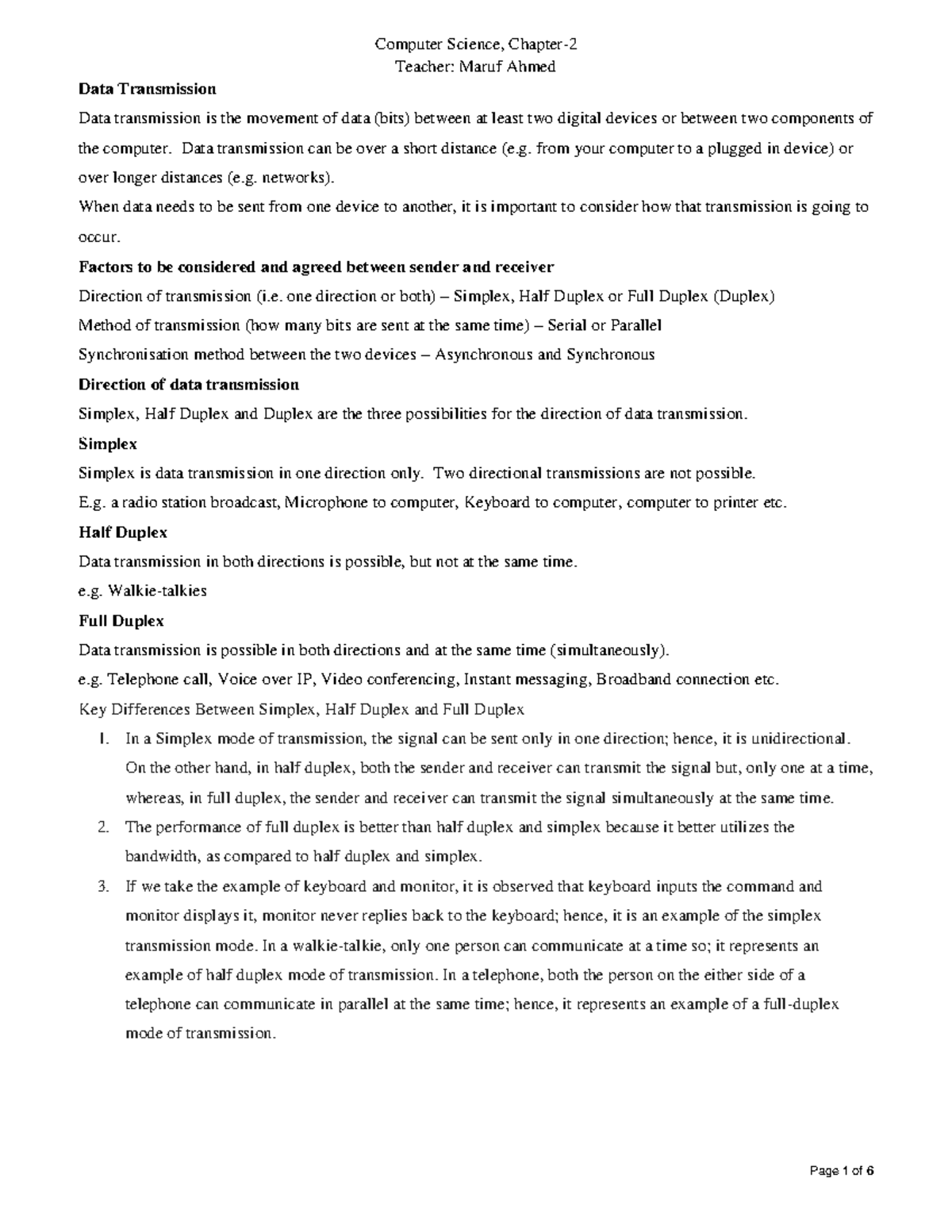 Chapter 2 note Data Transmission - Computer Science, Chapter- Teacher ...