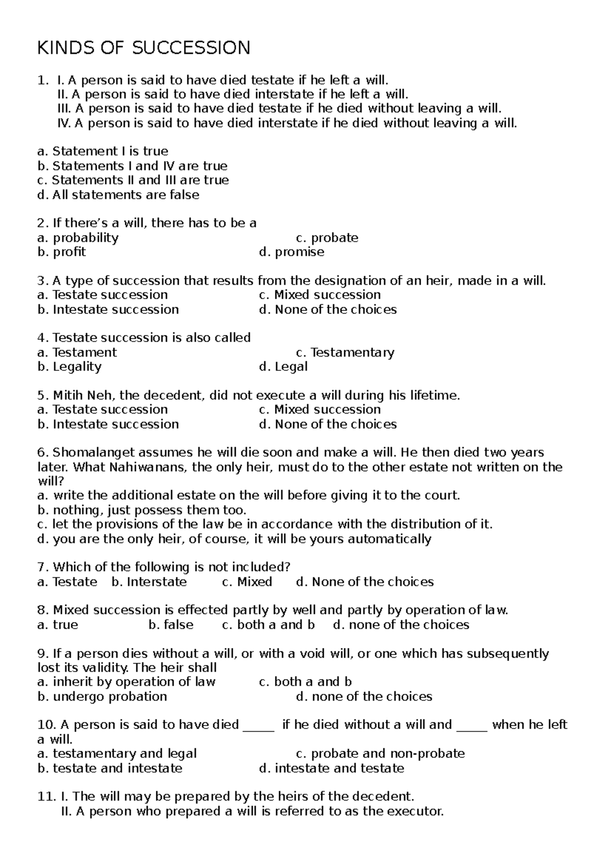 Kinds OF Succession quiz - KINDS OF SUCCESSION I. A person is said to ...