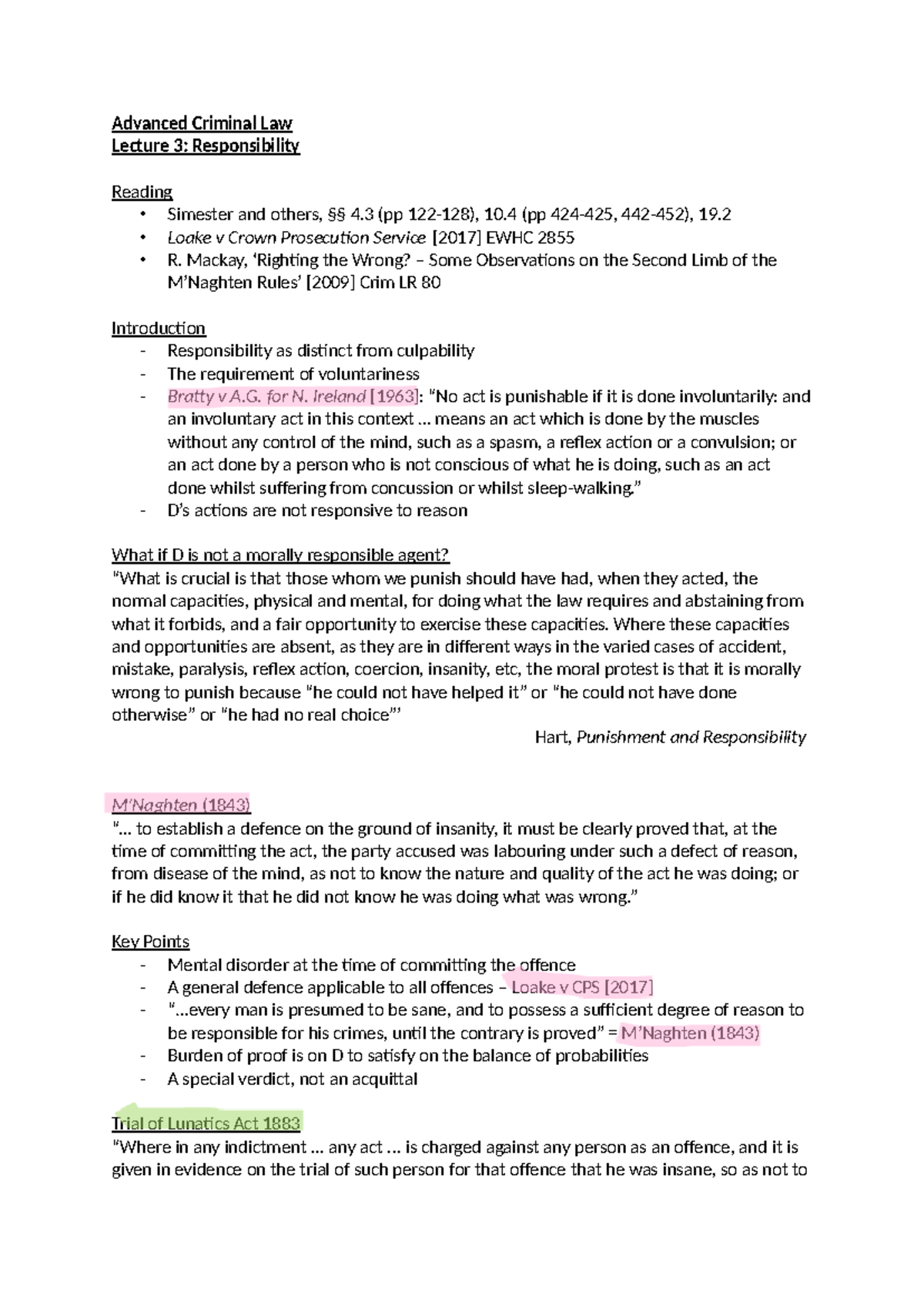 Lecture 3- Responsibility - Advanced Criminal Law Lecture 3 ...