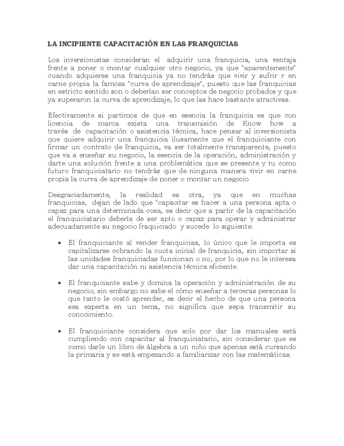 LA Incipiente Capacitación EN LAS Franquicias - LA INCIPIENTE ...