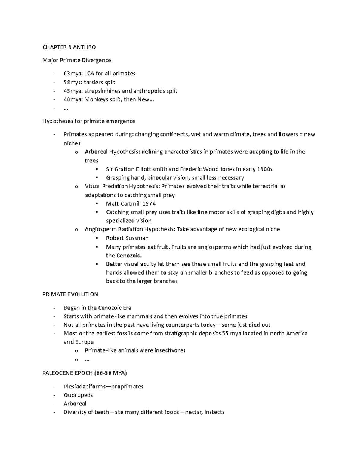 Anth 110 Chapter 9 notes - CHAPTER 9 ANTHRO Major Primate Divergence ...