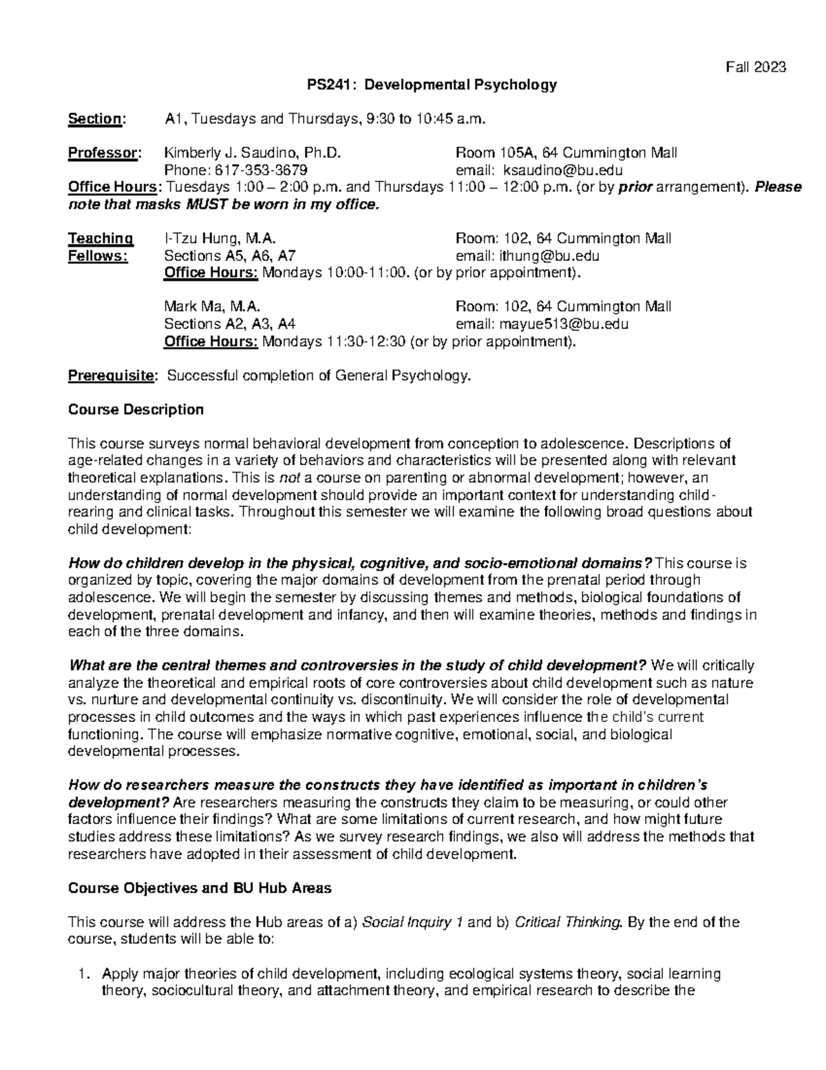 Syllabus Fall 2023 - Fall 2023 PS241: Developmental Psychology Section ...