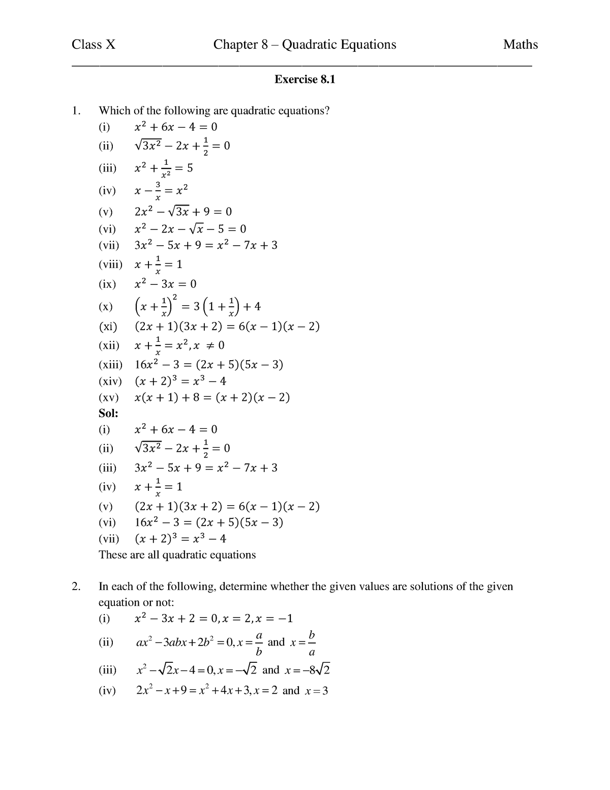 Chapter 8 Quadratic Equations - Exercise 8. Which of the following are ...