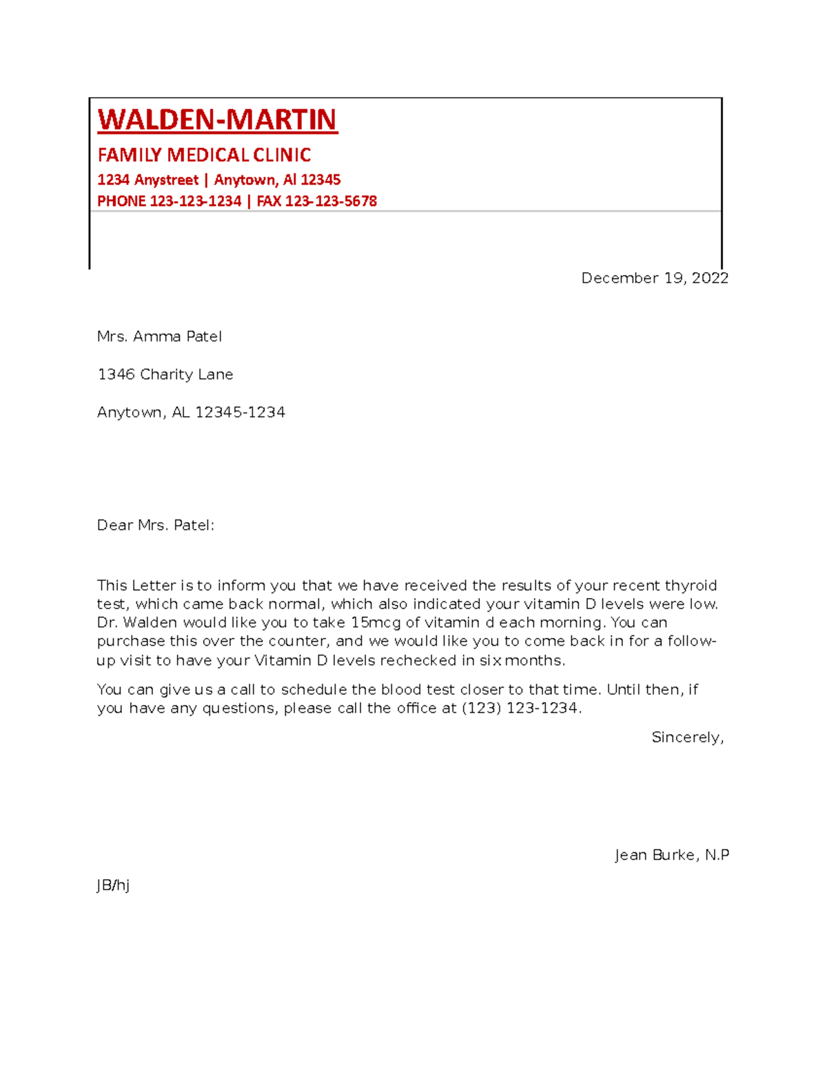 Semi Block Letter - Walden-martin Family Medical Clinic 1234 Anystreet 