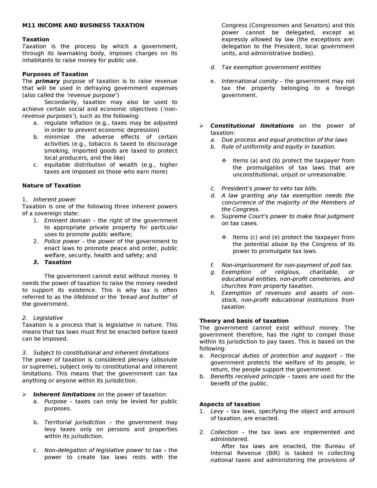 M11 Transcript - lecture - M11 INCOME AND BUSINESS TAXATION Taxation ...