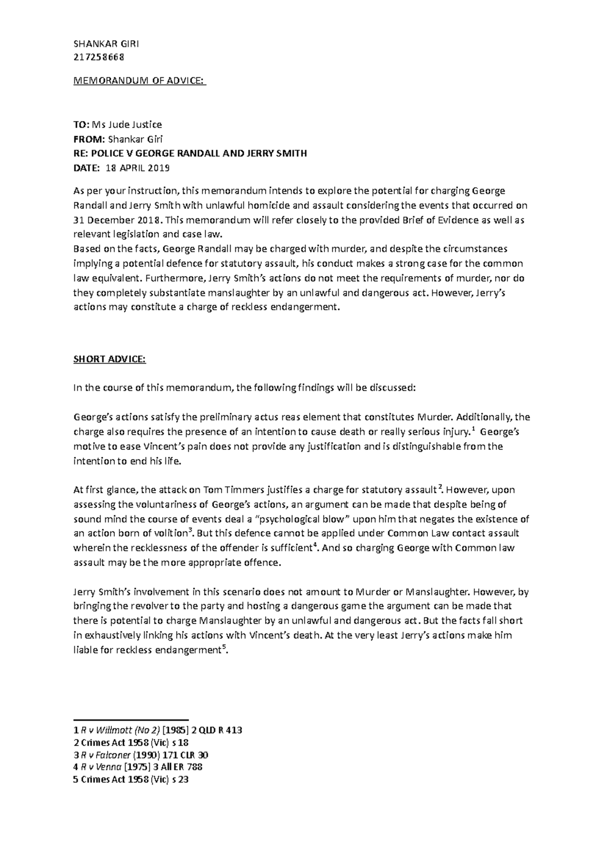 Criminal LAW MLL114 Assignment 2 (Finished) - 217258668 MEMORANDUM OF ...