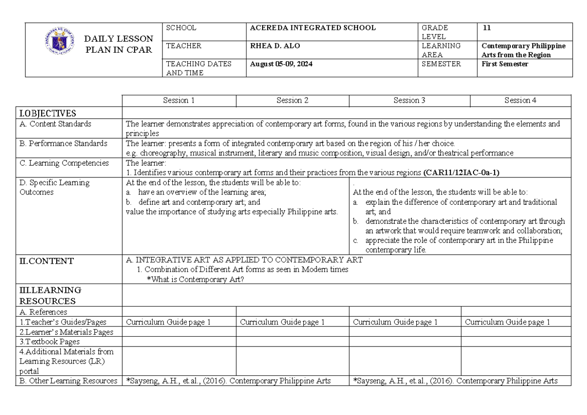 DLL CPAR Week 1 - LESSON LOG - DAILY LESSON PLAN IN CPAR SCHOOL ACEREDA ...