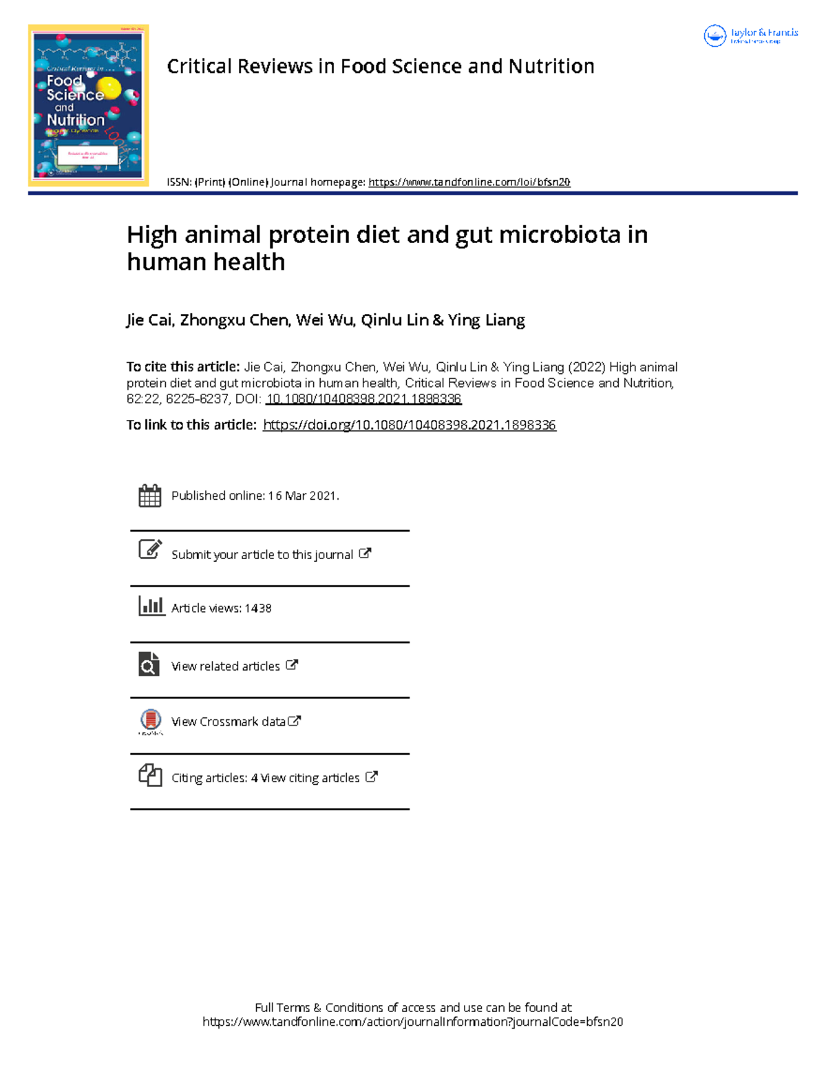 High animal protein diet and gut microbiota in human health - 1080/ ...