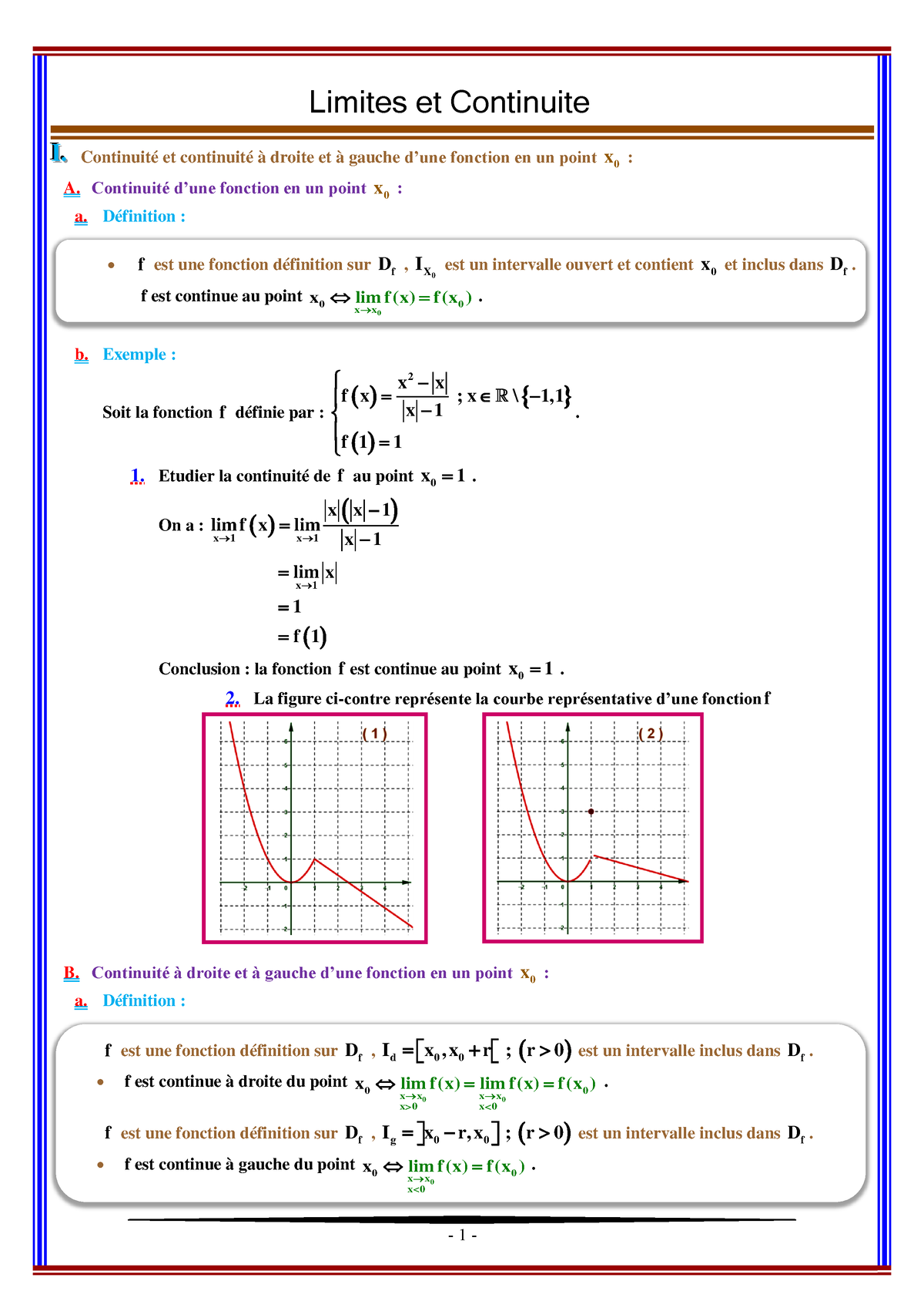 Limites Et Continuite Cours - II I... Continuité Et Continuité à Droite ...