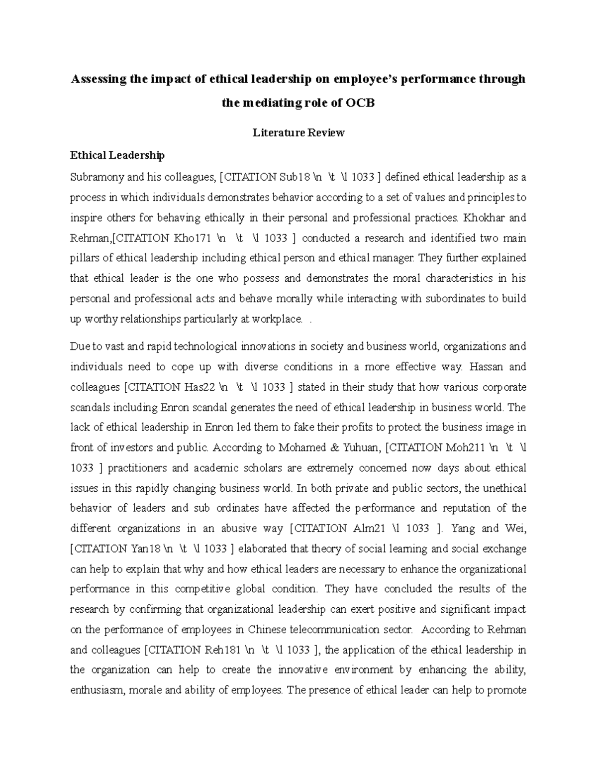 Impact of ethical leadership on employee - Khokhar and Rehman,[CITATION ...