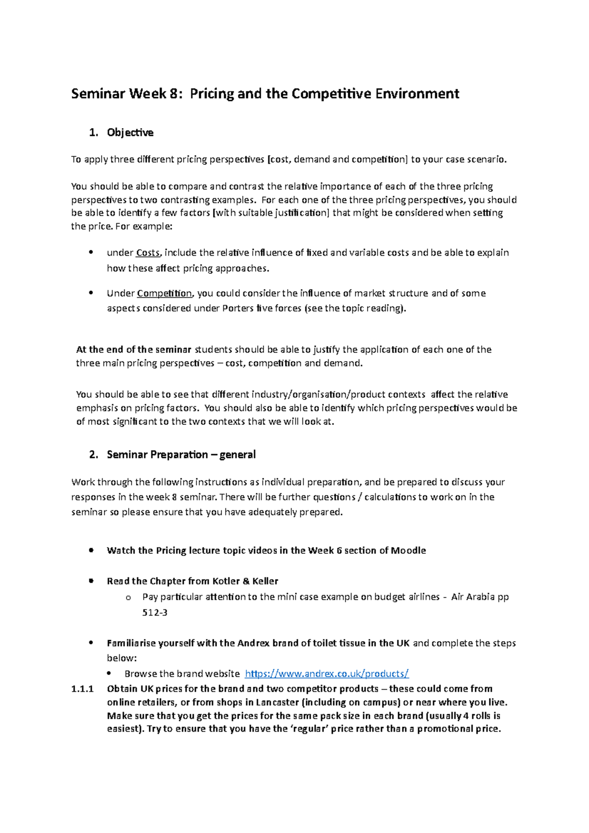 Seminar task week 8 - homework - Seminar Week 8: Pricing and the ...