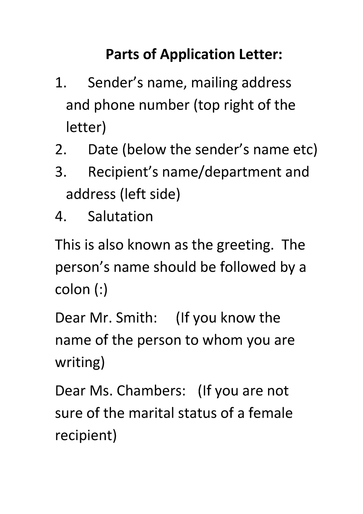 6 parts of application letter