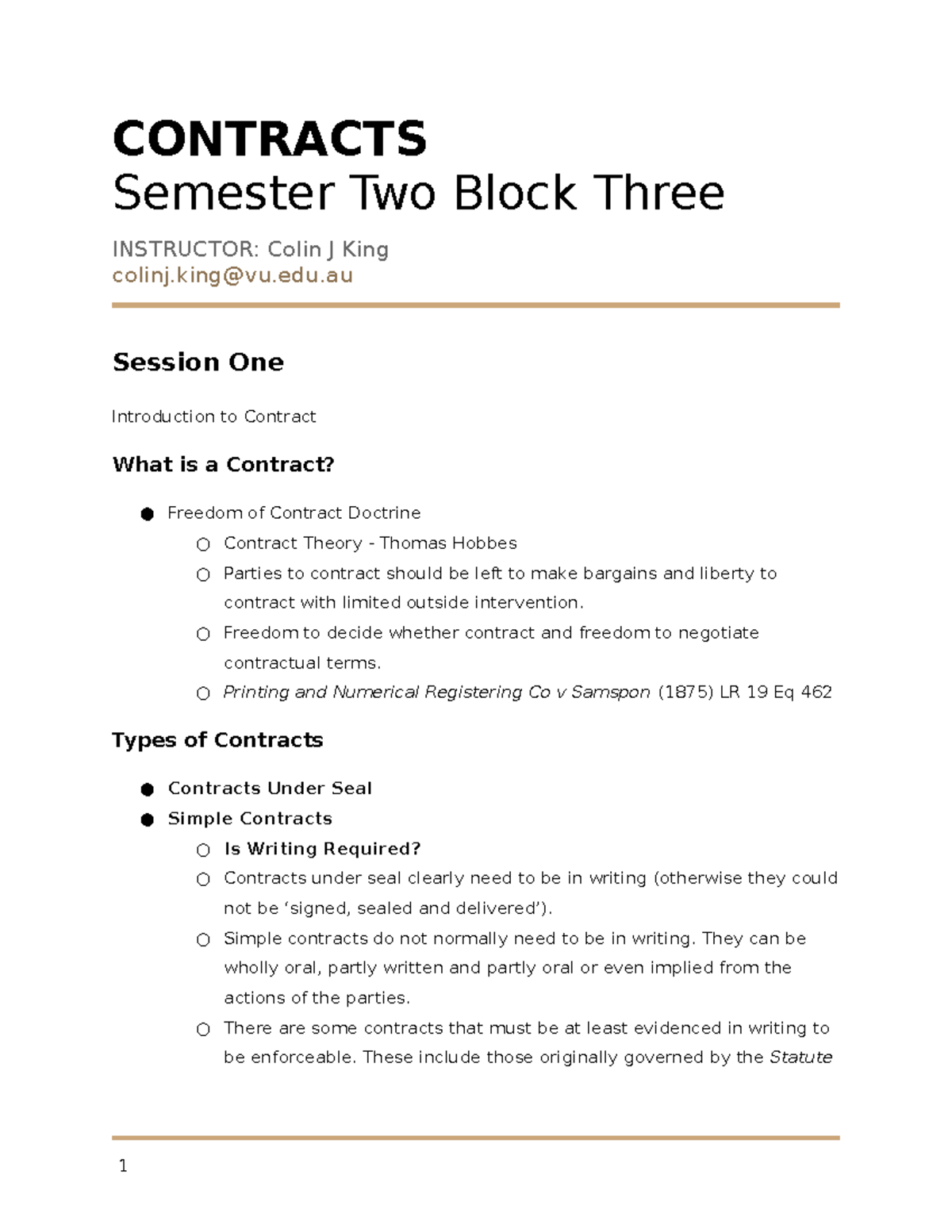 Class notes - Contracts - CONTRACTS Semester Two Block Three INSTRUCTOR ...
