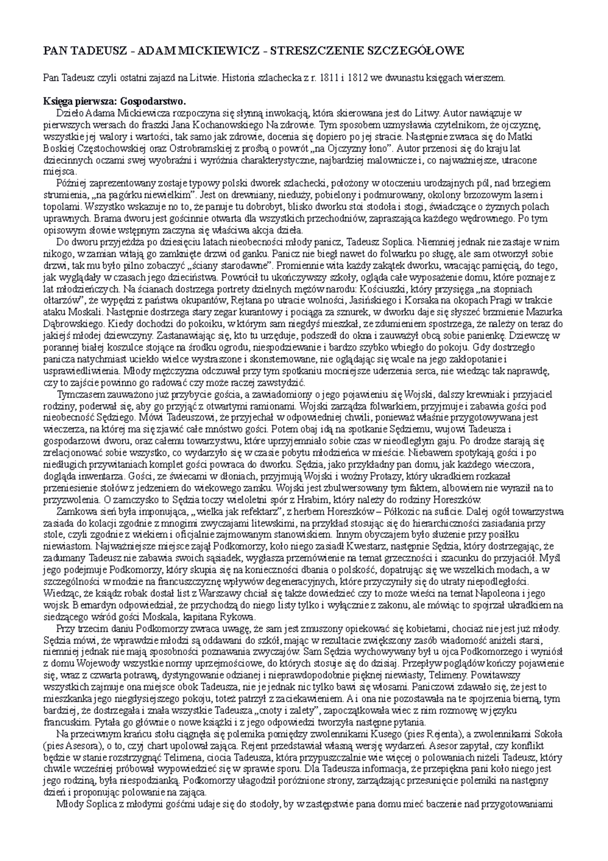Pan Tadeusz Streszczenie Szczegółowe Pdf