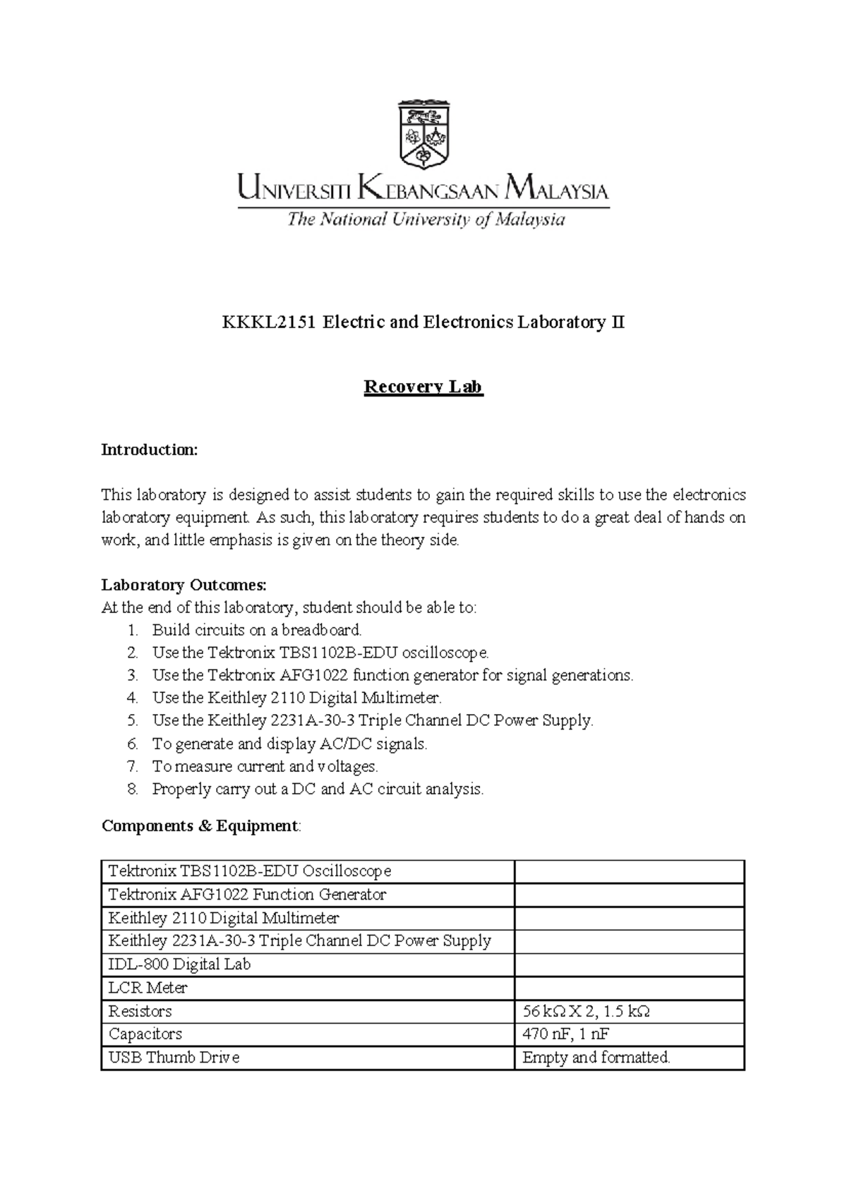 KKKL2151 Lab 0 Recovery Lab 20222023 Manual KKKL2151 Electric and Electronics