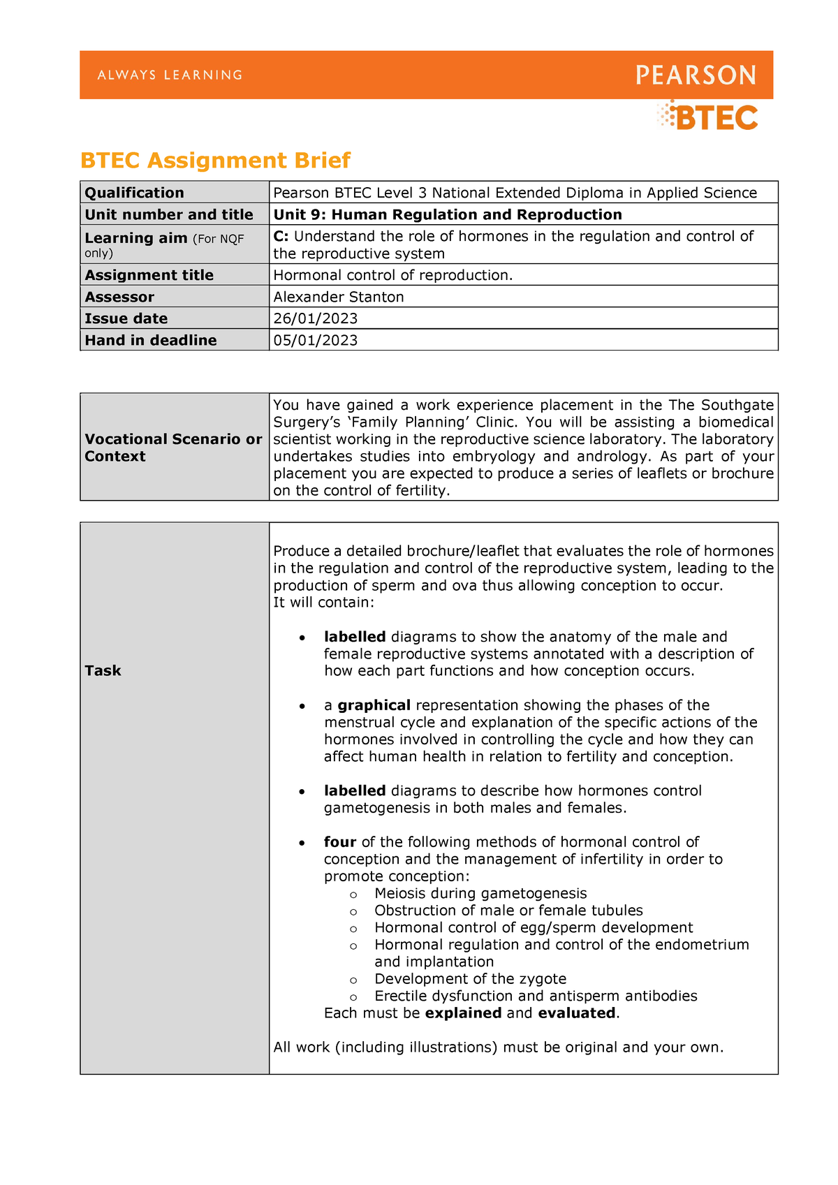 000B Unit 9 Authorised Assignment Brief For Learning Aim C 2022-23 ...