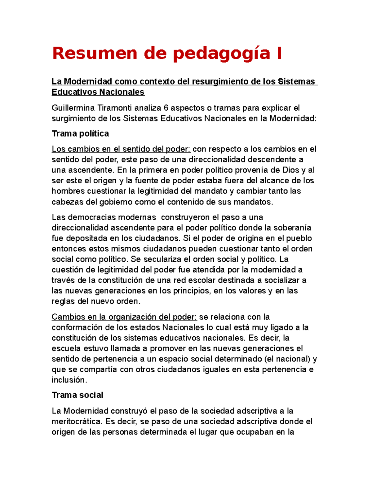 Resumen de pedagogía - Resumen de pedagogía I La Modernidad como ...