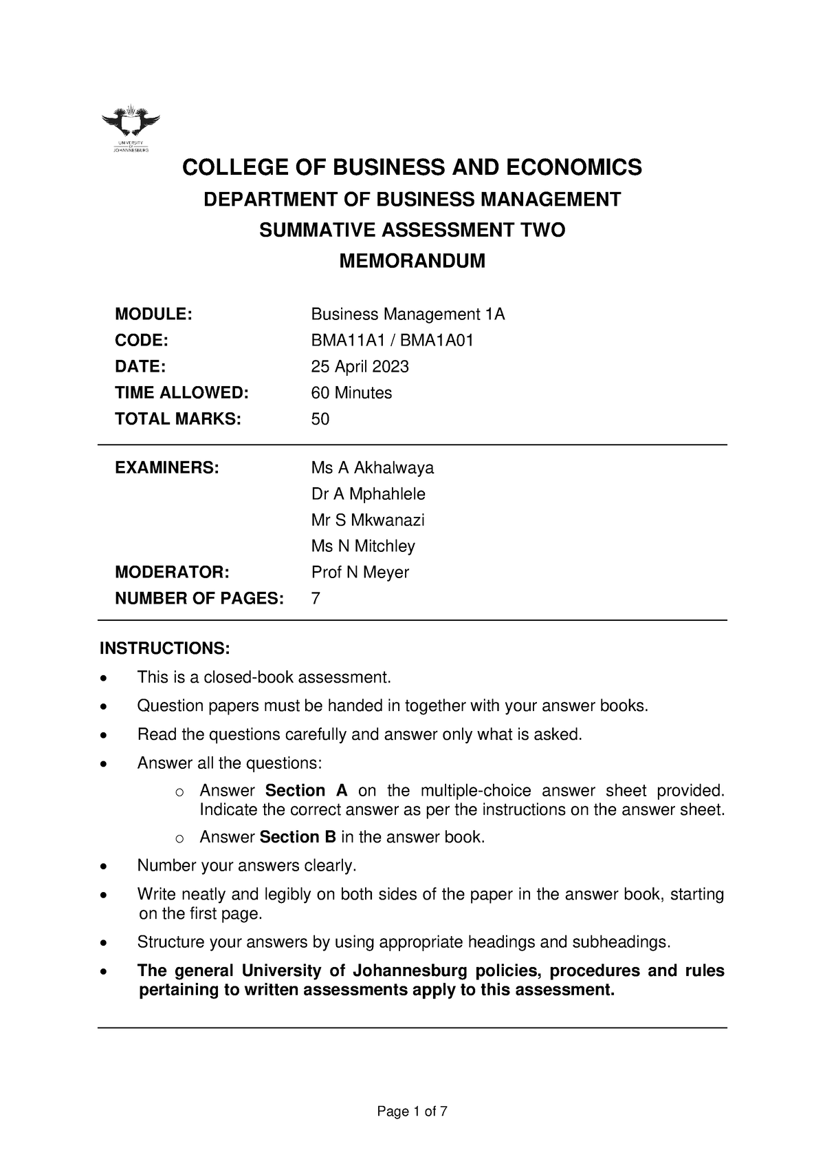 Test 02 - 25 April - Memorandum Lang Edited Moderated - COLLEGE OF ...