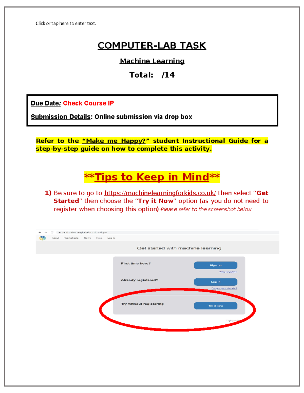 Computer-LAB TASK (Worksheet) - Click or tap here to enter text ...