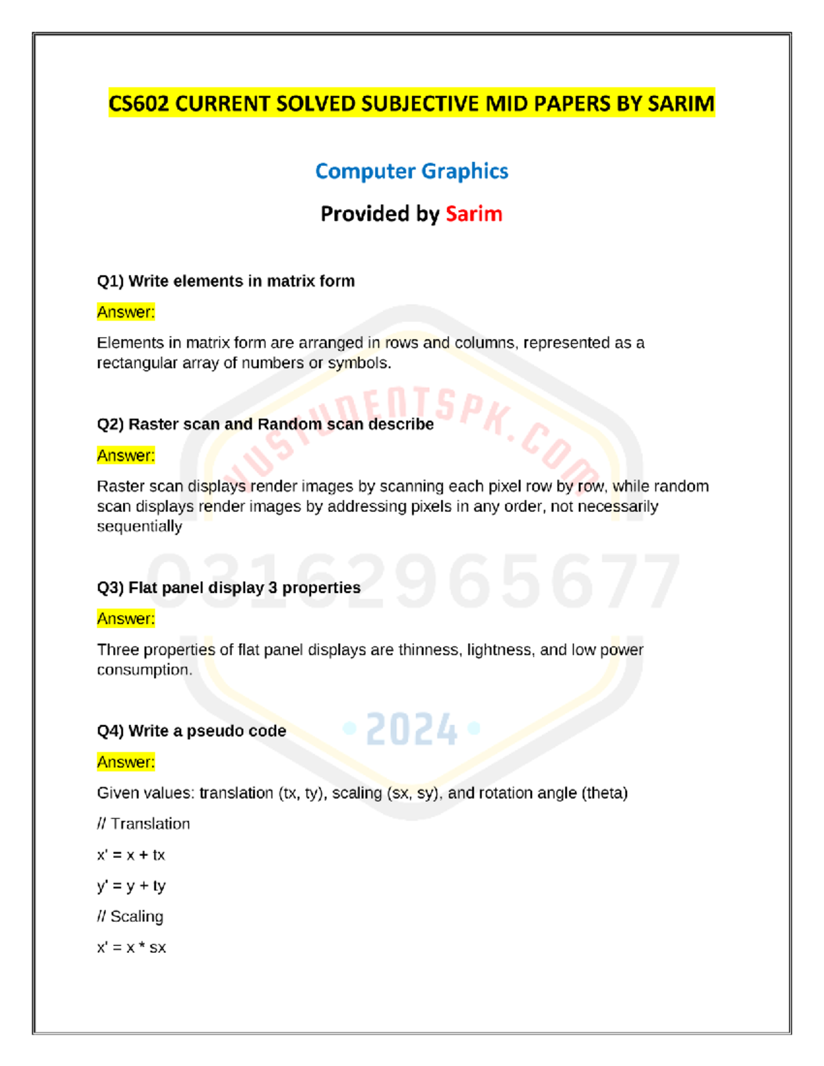 CS602 Current Midterm Solved Subjective Papers By Sarim - Computer ...