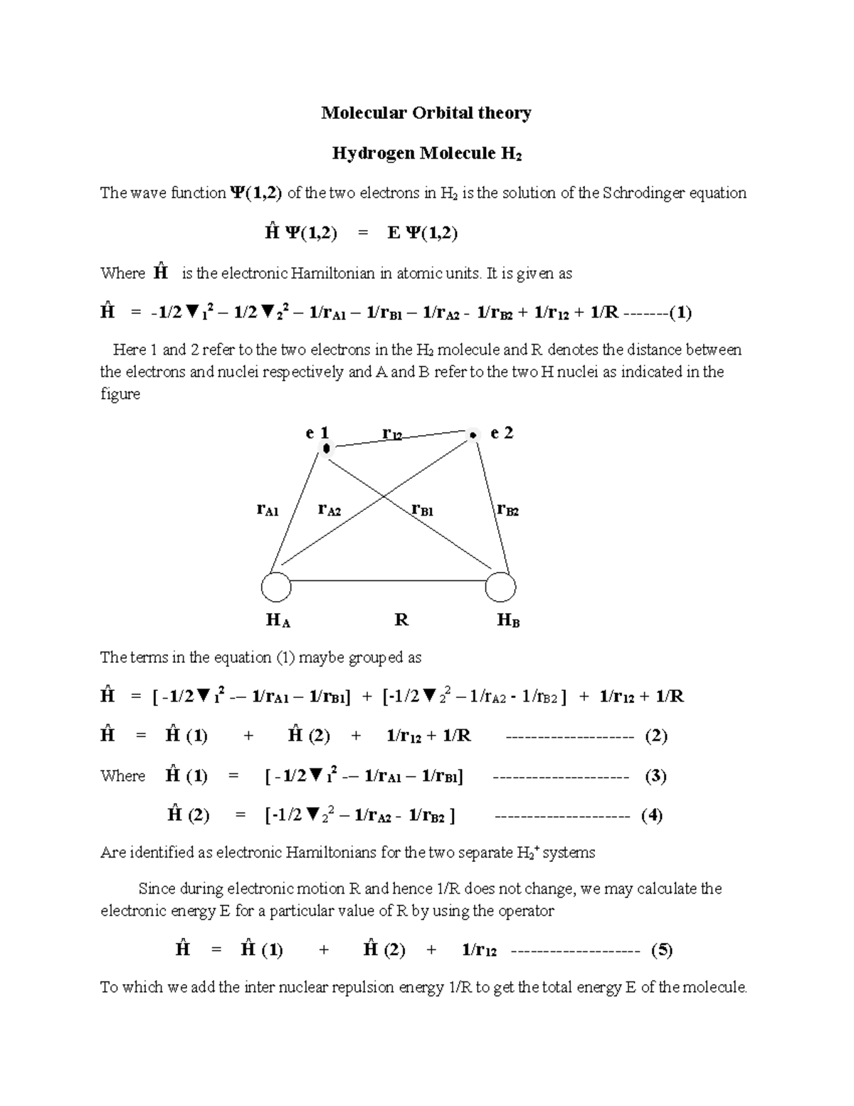 Molecular Orbital theory - Molecular Orbital theory Hydrogen Molecule H ...