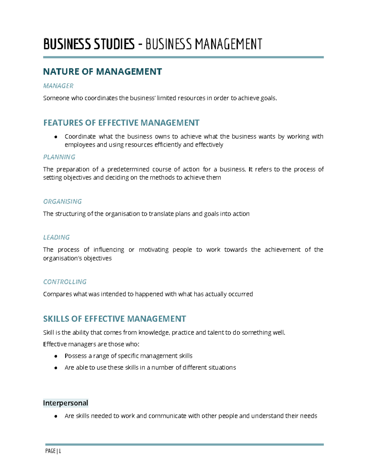 BS - T2 Class Notes - BUSINS STUDI - BUSINS MANAGEMENT NATURE OF ...