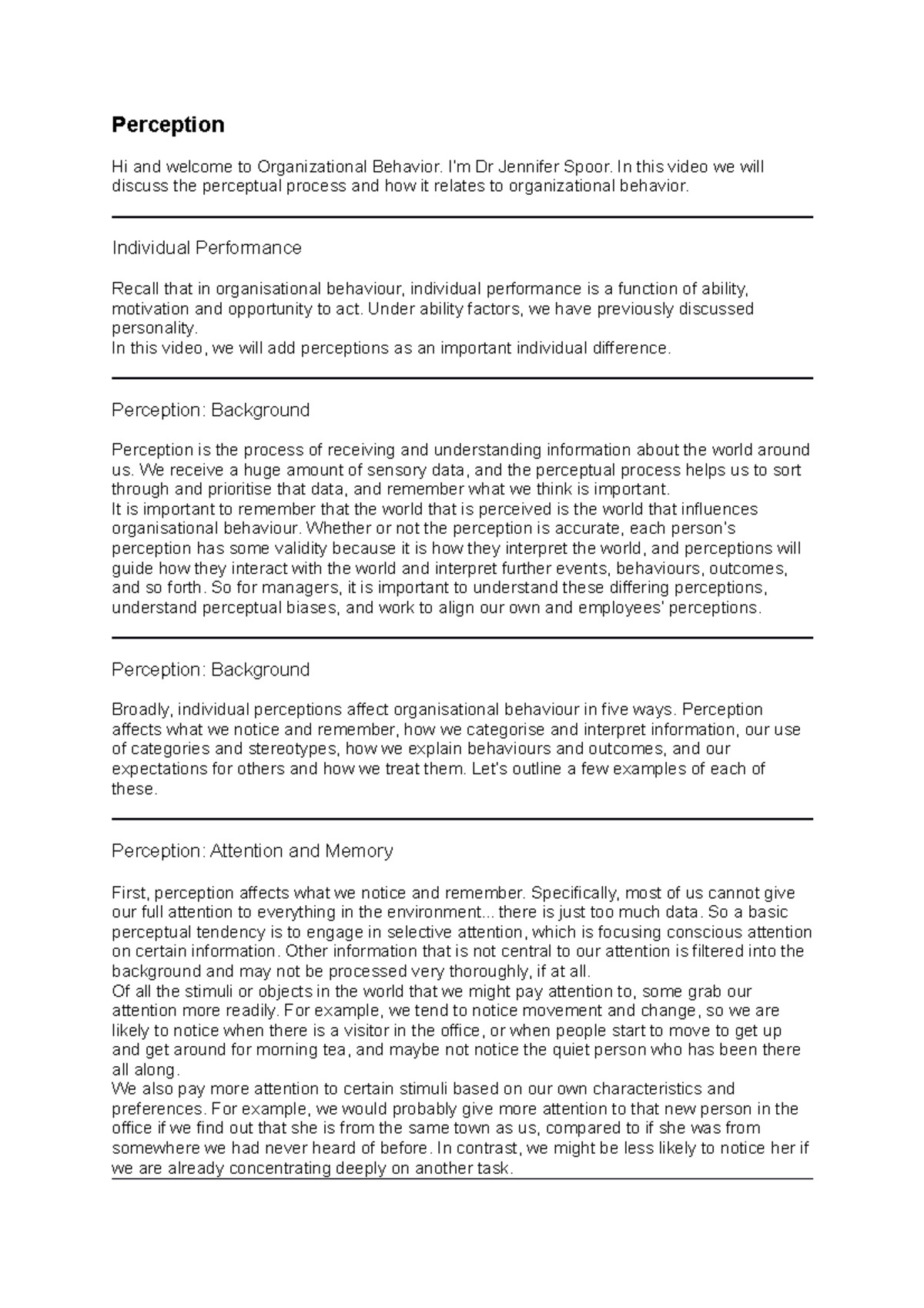Transcript 2.2 Perception - Perception Hi and welcome to Organizational ...