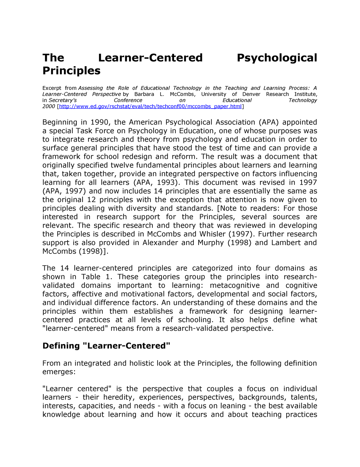 The Learner Centered Psychological Principles - The Learner-Centered ...