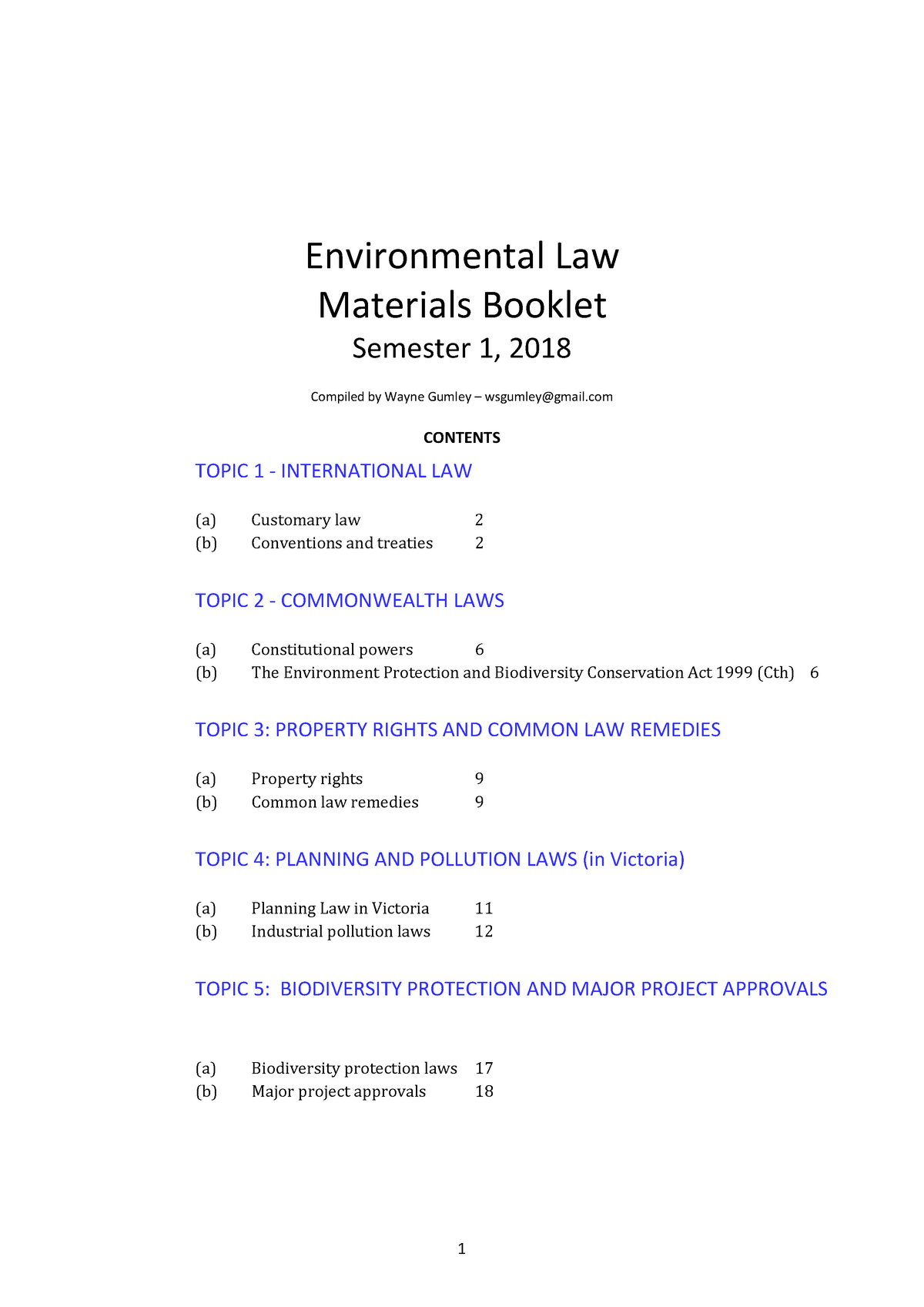 Environmental Law Materials Booklet Sem 1 2018 - Environmental Law ...