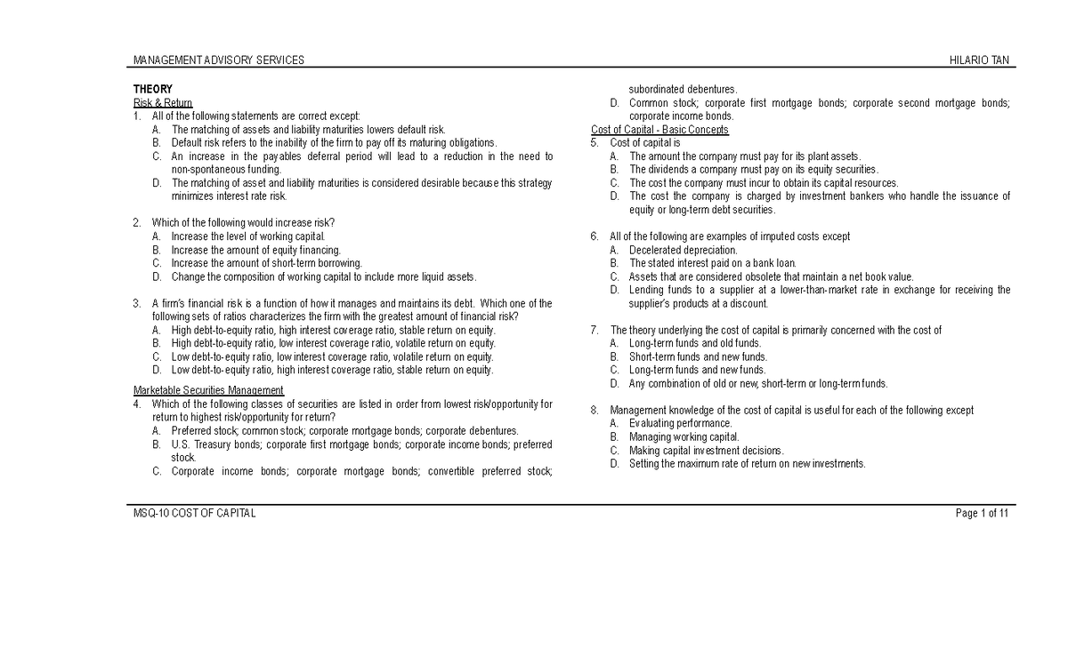 MSQ-1 0 - Cost of Capital - Accountancy - Xavier - Studocu