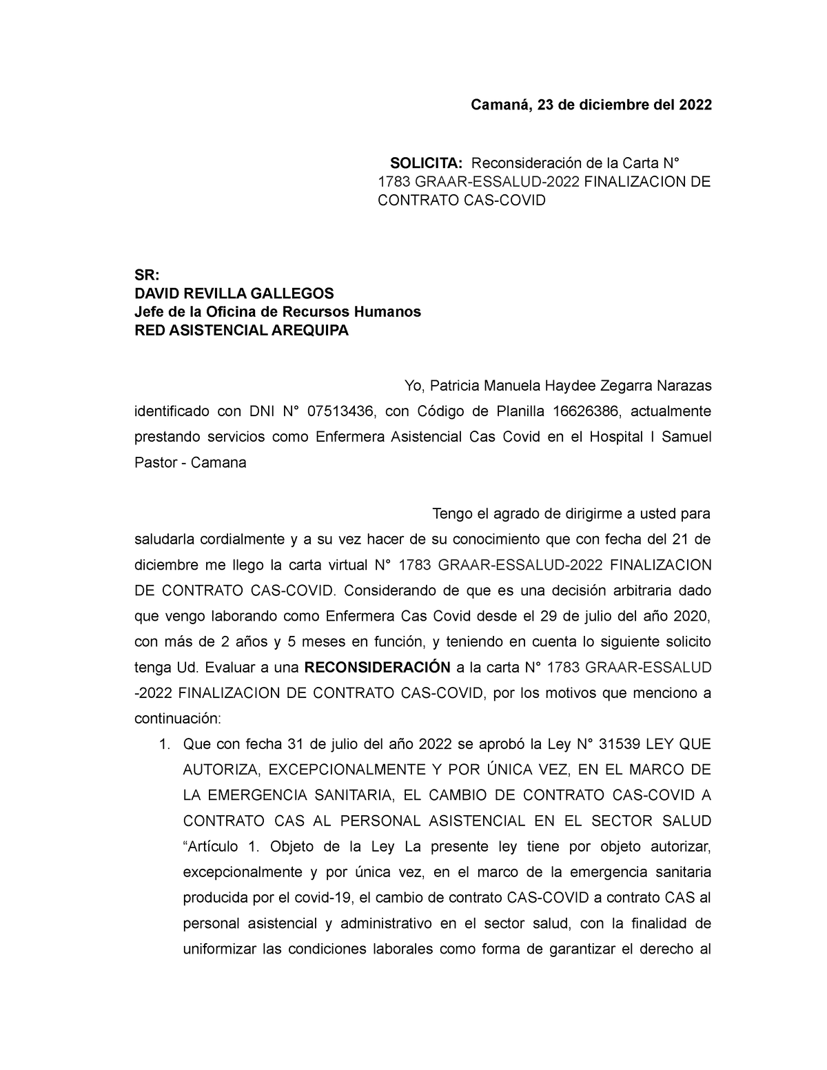 Patty Ninguna Camaná 23 De Diciembre Del 2022 Solicita Reconsideración De La Carta N° 1783 7531