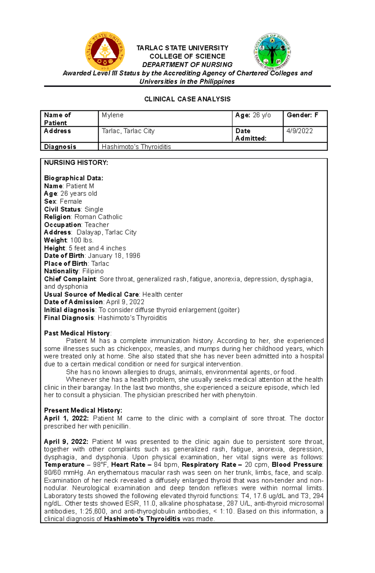 Hashimotos Thyroiditis Case Analysis Tarlac State University College