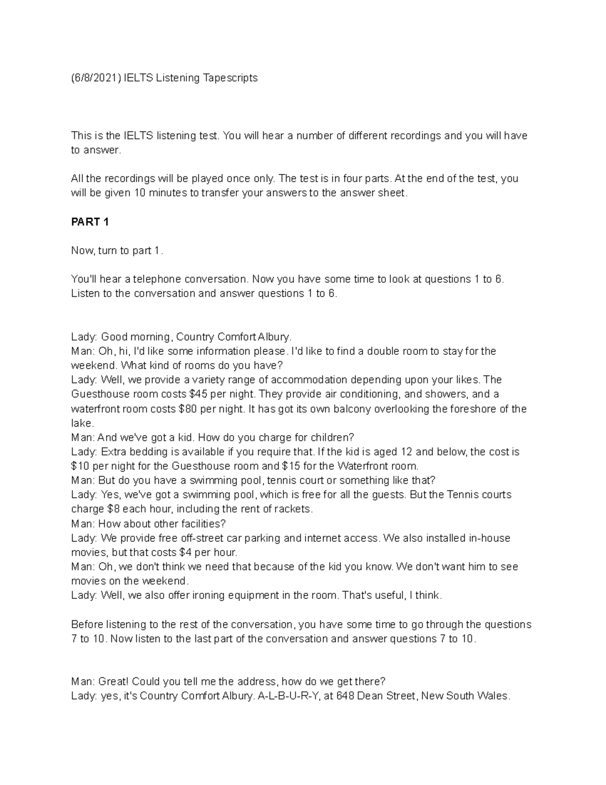 Tapescript for test 4 County Comfort Albury - (6/8/2021) IELTS ...