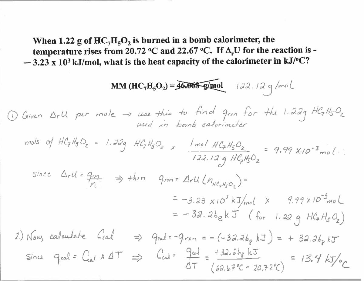 Some problems and solutions (Chpt 6) When 1 g of HC7H502 is burned in