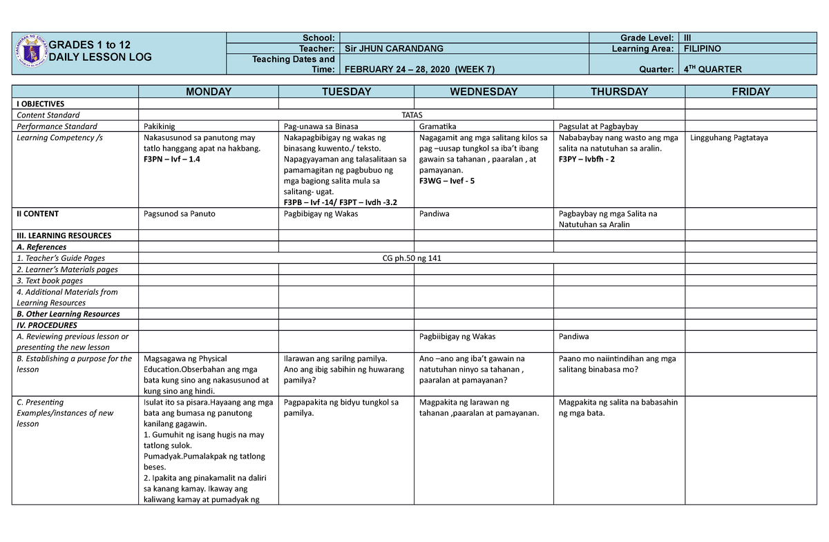 Filipino-3 Q4 W7-DLL - None - BSAgricultural Education - SMNHS - Studocu