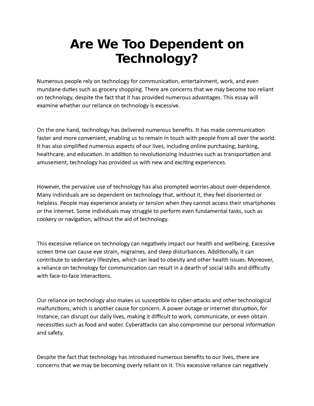 human dependence on technology essay