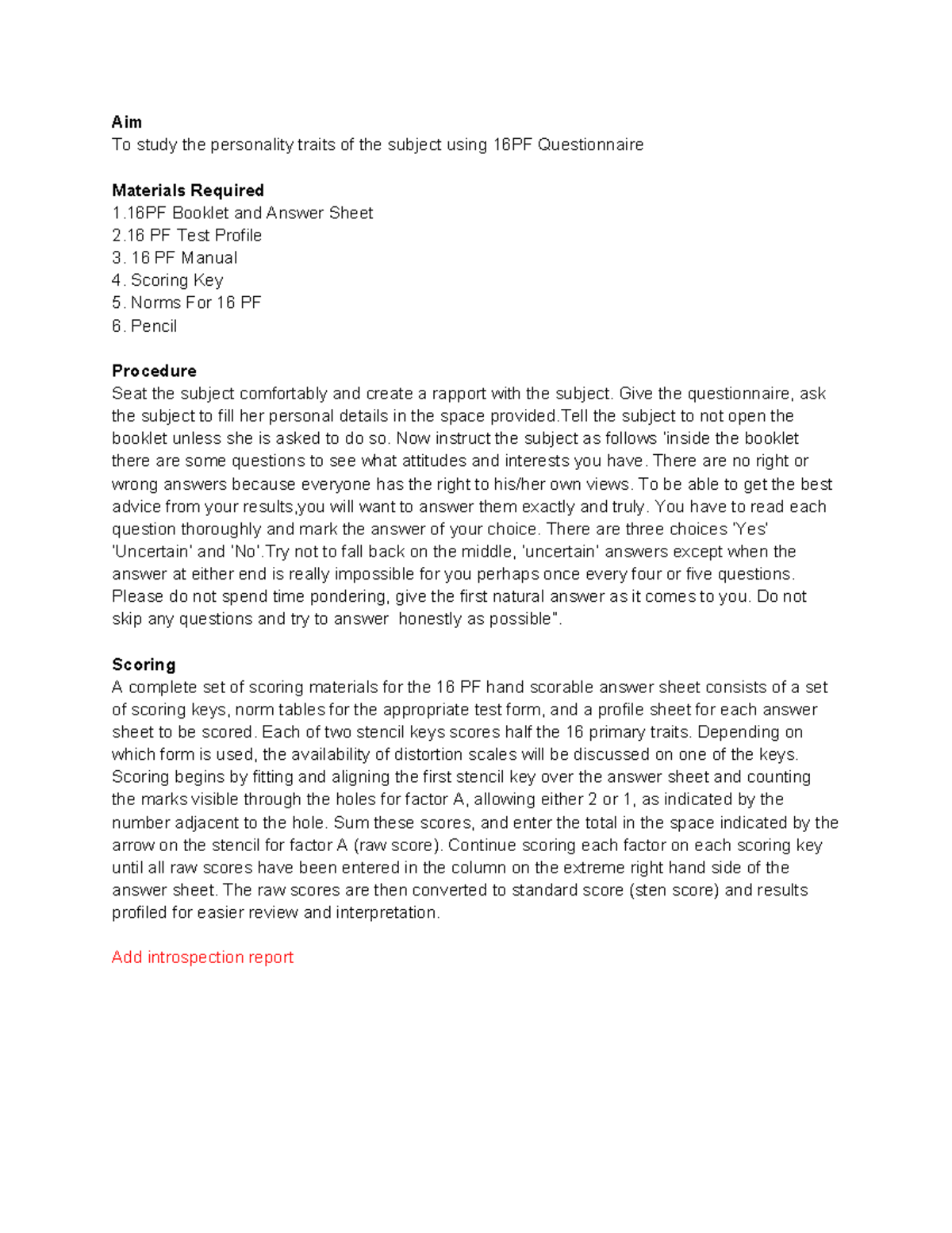 16 Pf Pg Aim To Study The Personality Traits Of The Subject Using