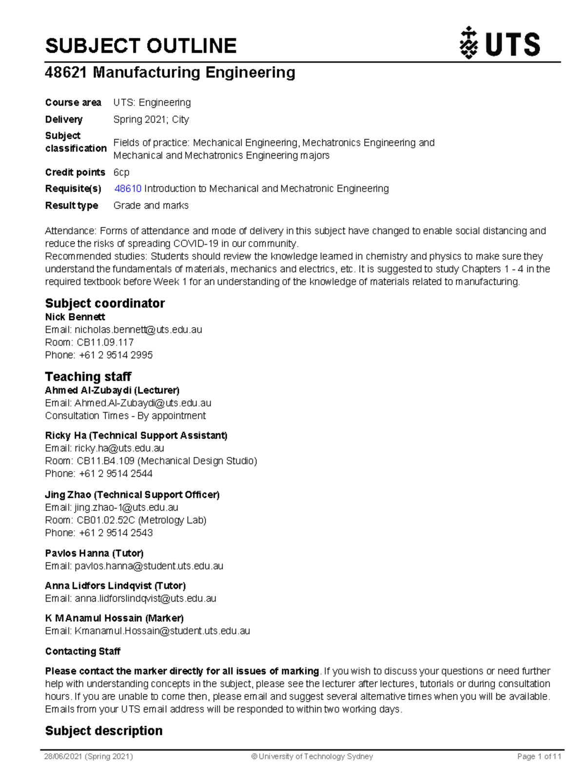 Manufacturing Engineering Subject Outline 2021 - SUBJECT OUTLINE 48621 ...