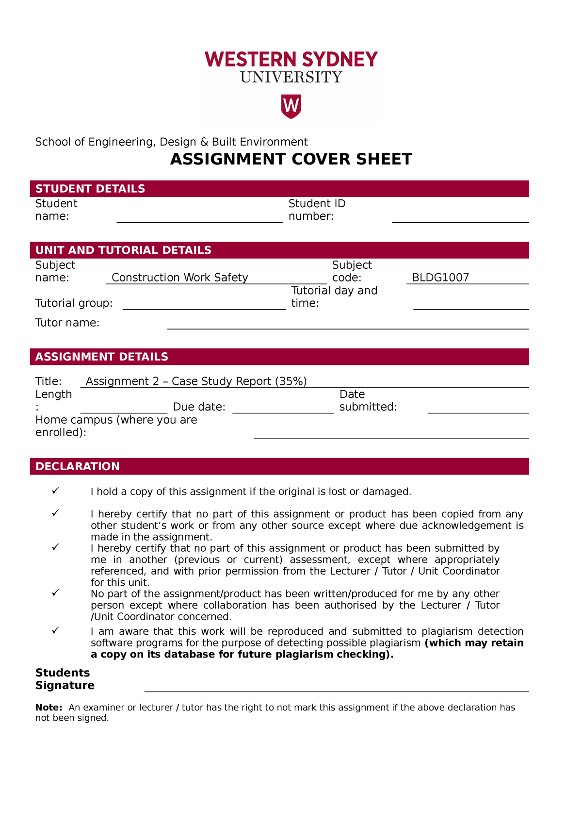 wsu individual assignment cover sheet
