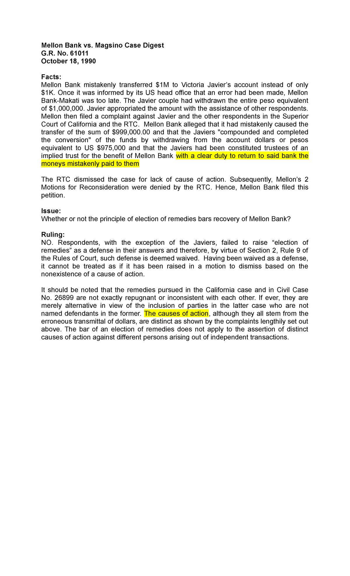 Mellon Bank vs law Mellon Bank vs. Magsino Case Digest G. No. 61011