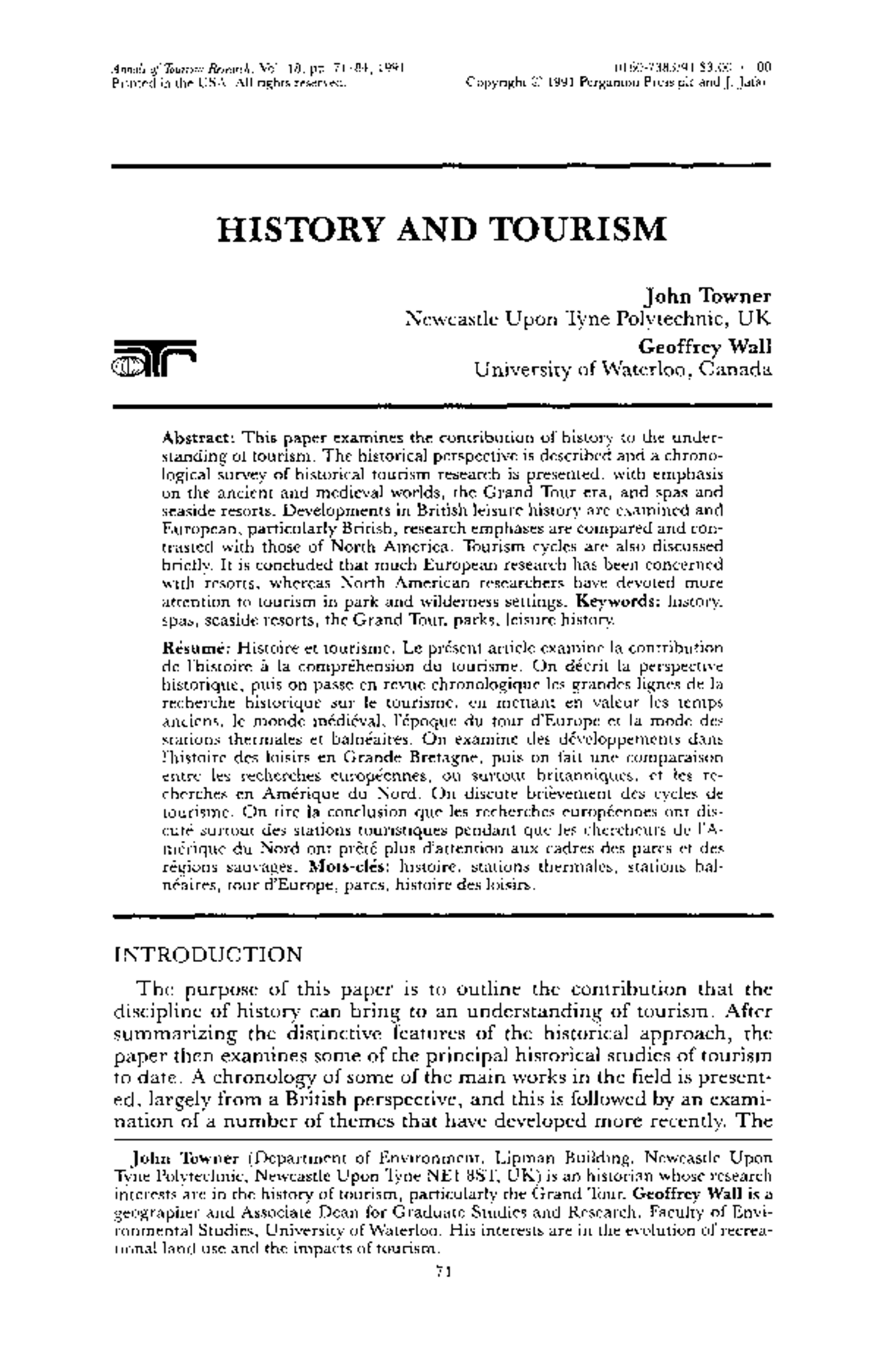 History and tourism - .4nd cf7&~irm &earrh. \bl 18. pp il-84. 1991 0160 ...